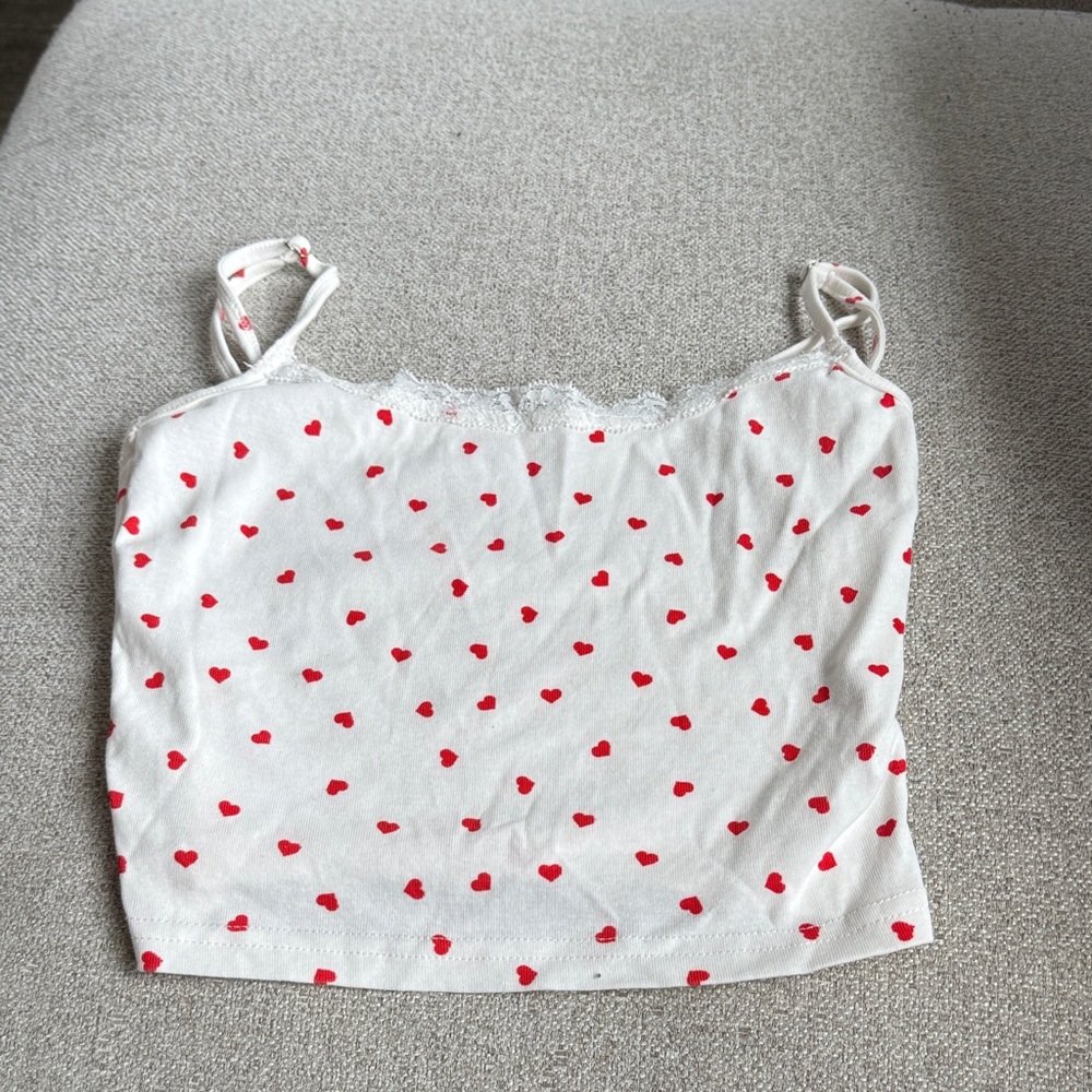White Heart Print Lace Trim Cami Top